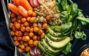 Avocado, Chickpeas, Carrots and lettuce on a plate